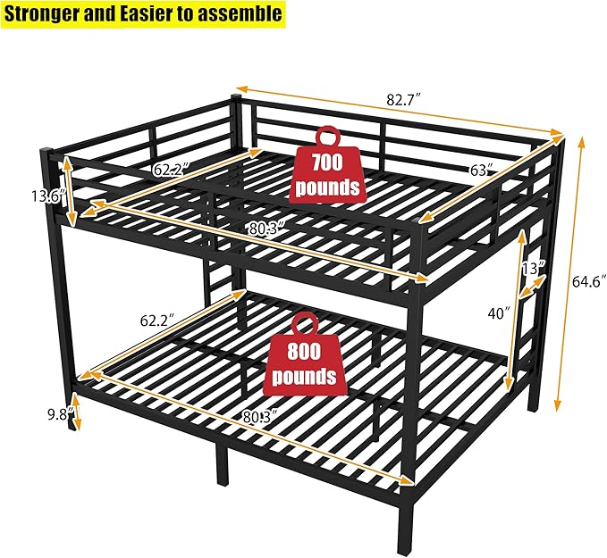 Upgraded & Stronger Heavy Duty Metal Queen Over Queen Bunk Bed for Adults & Teens, Thickened More Stable Safer Bunkbeds (Greater Weight Capacity) (Queen Over Queen-A)