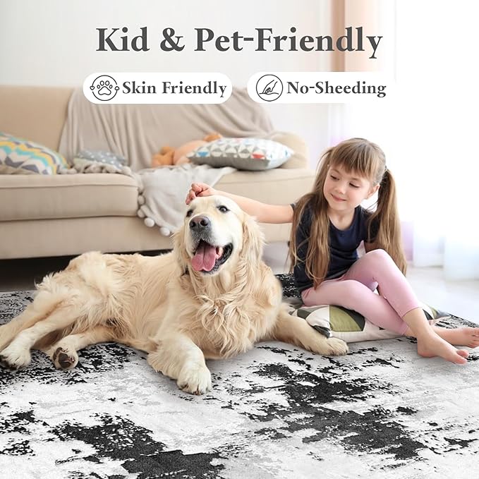 Area Rugs 8x10, Modern Abstract Machine Washable Rugs for Living Room Thin Carpet Indoor Floor Non-Shedding Carpets for Bedroom Dining Room Farmhouse Home Office | Black White