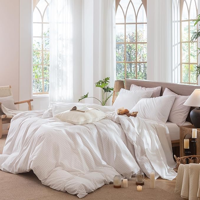 MooMee Striped Duvet Cover Set 100% Washed Cotton Linen Like Textured Breathable Durable Soft Comfy (White Heathered Greyish Pink Wide Stripes, Cal King 104"x98")