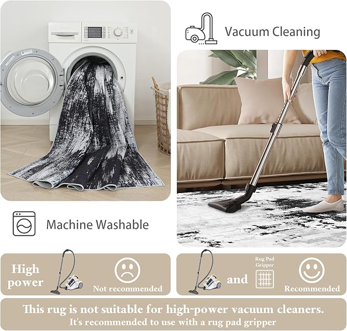 3x12 Long Hallway Runner Rug: Kitchen Rugs Non Slip Washable Low Pile Abstract Rug Runner with Rubber Backing Indoor Stain Resistant Carpet Runners for Bedroom Dining Living Room Black White