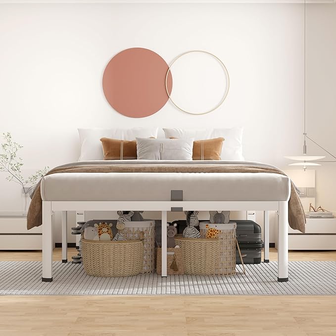 ROIL 12 Inch White Queen Bed Frame with Rounded Corner and Headboard Hole Mattress Retainers, 3500LBS Heavy Duty Steel Slats No Box Spring Needed Platform Noise-Free Easy Assembly