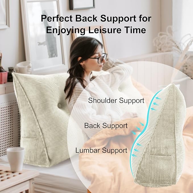 WOWMAX 100% Cotton Corduroy Headboard Pillow – Full Size Back Support Reading Wedge for Bed & Daybed, Plush Handmade Bolster Cushion with Removable Cover, Cozy Bed Rest Pillow, White