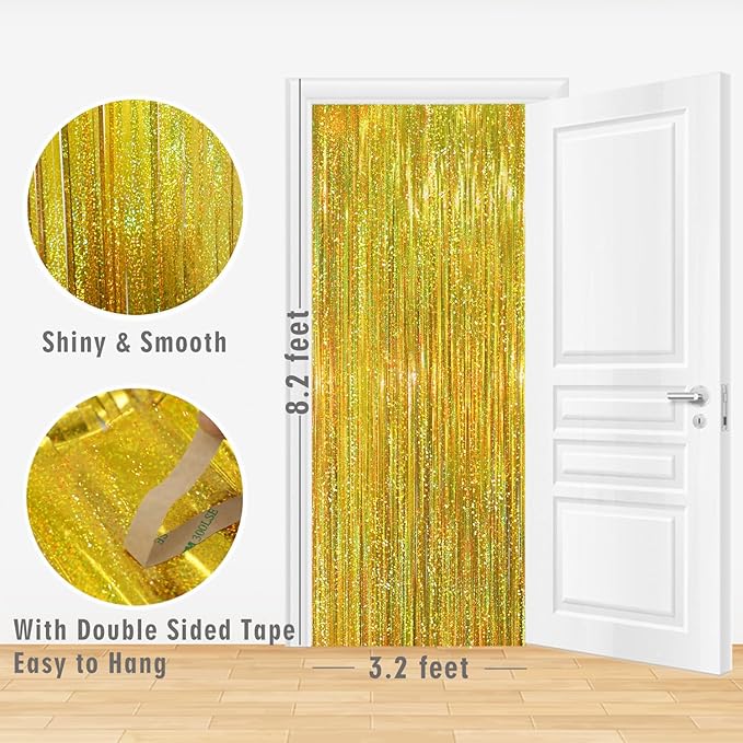 GOER 3.2 ft x 8.2 ft Metallic Tinsel Foil Fringe Curtains Party Photo Backdrop Party Streamers for Birthday,Graduation,New Year Eve Decorations Wedding Decor (3 Packs,Laser Gold)