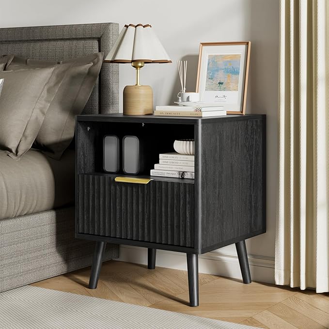 LYNSOM Fluted Dresser and Nightstand Sets 3 Piece, 9-Drawers Dresser and 1-Drawer Nightstands Set of 2, Wood Bedroom Furniture Set for Home, Bedroom, Hallway, Black