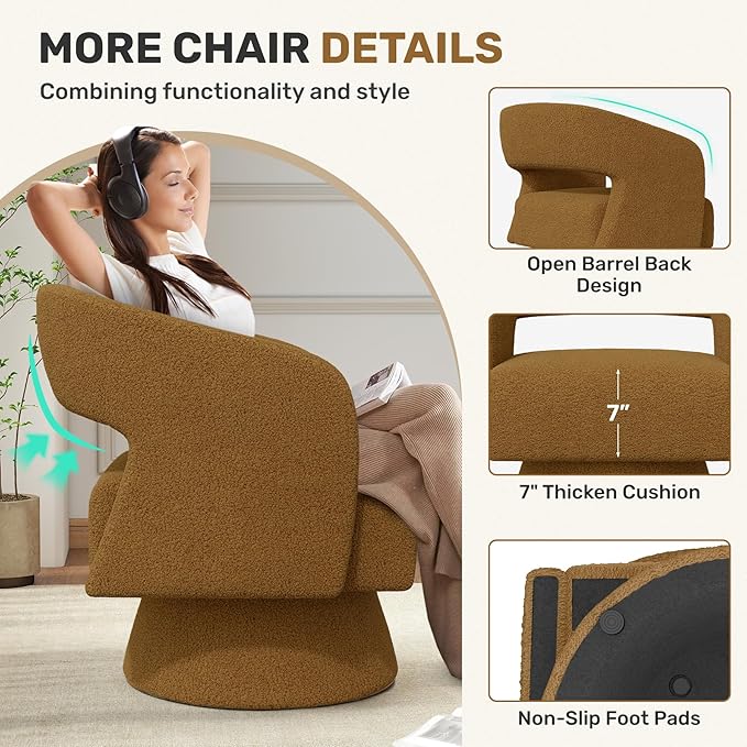 Swivel Accent Chair Set of 2, Modern Comfy Teddy Barrel Chairs, Oversized Upholstered Round Arm Chair for Living Room, Bedroom, Reading Room, Brown