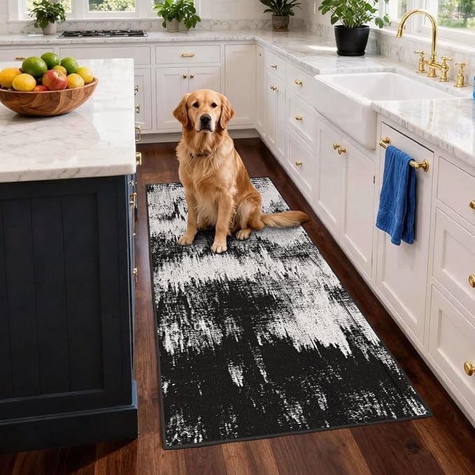 3x12 Long Hallway Runner Rug: Kitchen Rugs Non Slip Washable Low Pile Abstract Rug Runner with Rubber Backing Indoor Carpet Runners for Bedroom Dining Living Room Bathroom Black White