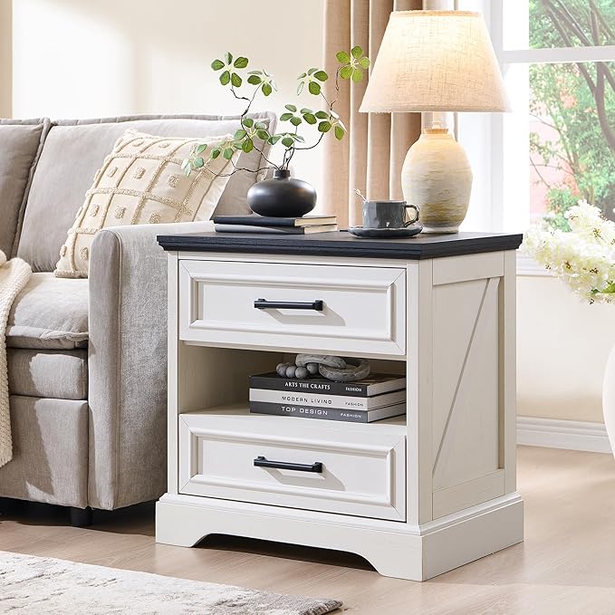 ACCOHOHO 24" Farmhouse Nightstand with Charging Station, 2 Drawers Large Bedside Table with Open Shelf, Rustic End Table for Bedroom - White