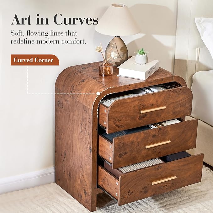 Farmhouse Nightstand, 23.5" Curved Modern Night Stand with 3-Drawer, Bedside Table, End Table for Bedroom, Storage Cabinet for Living Room Home Office Entryway, Dark Burl