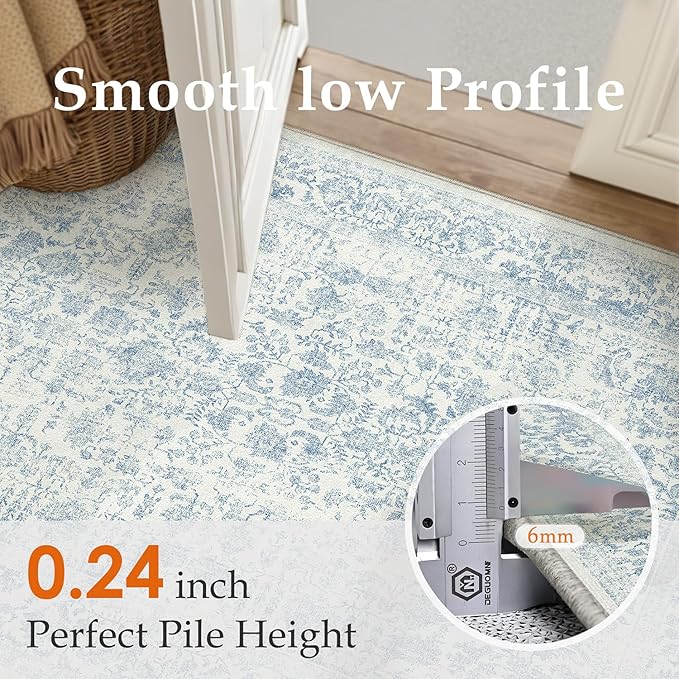 Blue Area Rug 10x12 Machine Washable Large Vintage Living Room Distressed Non Slip Carpet Traditional Indoor Bedroom Grey Retro Floral Accent Throw Rug for Office Kitchen Dining Room