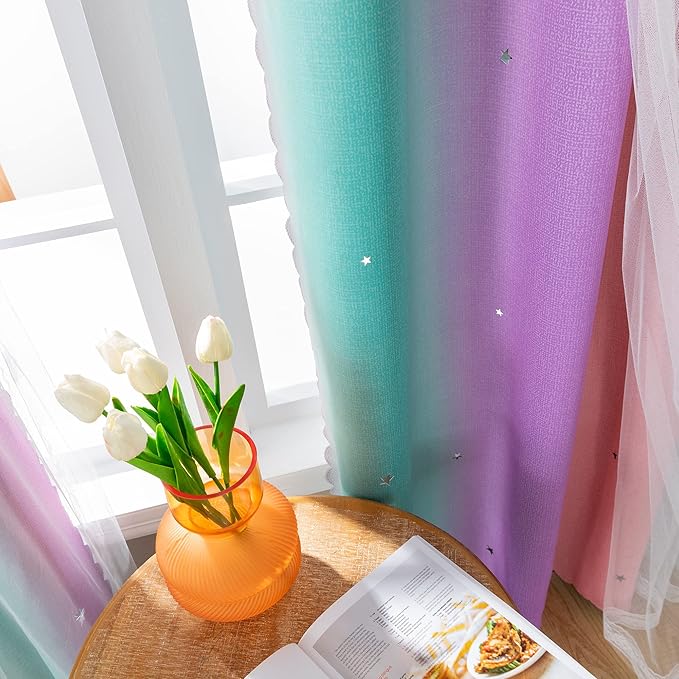 XiDi Curtains for Bedroom Decor, Rainbow Pink Purple Green 62/96/1