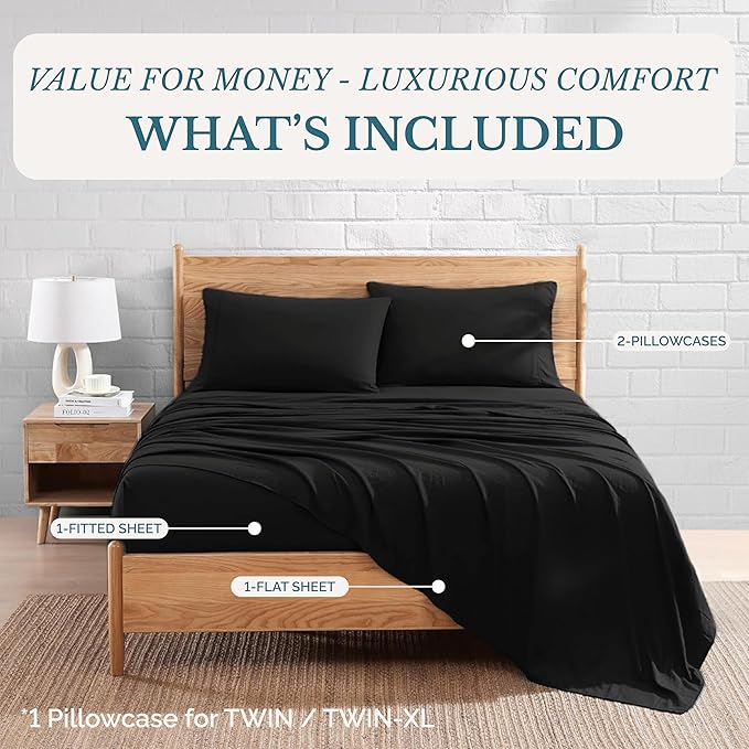 Casa Platino Twin Bed Sheet Set, Pre-Washed Twin Sheets Set, 3 Piece Set, Ultra Soft & Breathable Sheets, Brushed Microfiber Bedding with 15-Inch Deep Pockets, Bunk Bed Sheets – Black