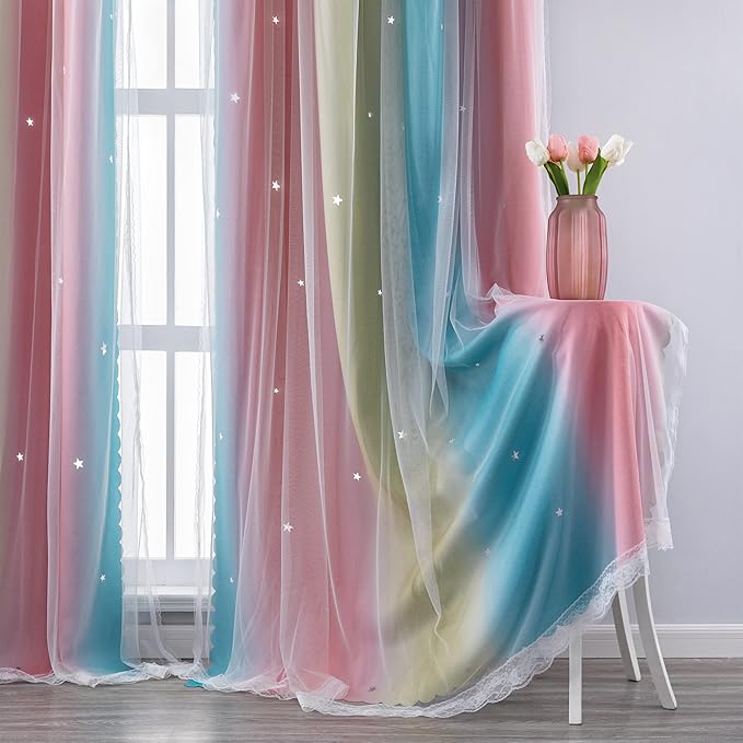 XiDi Curtains for Bedroom Decor, Rainbow Pink-Blue-34-90