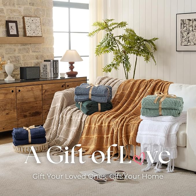 Boho Knitted Chenille Blanket with Tassels - Lightweight & Soft All-Season Throw - 3D Classic Pattern for Living Room Bedroom Couch, Royal Blue, Queen 90"x90"