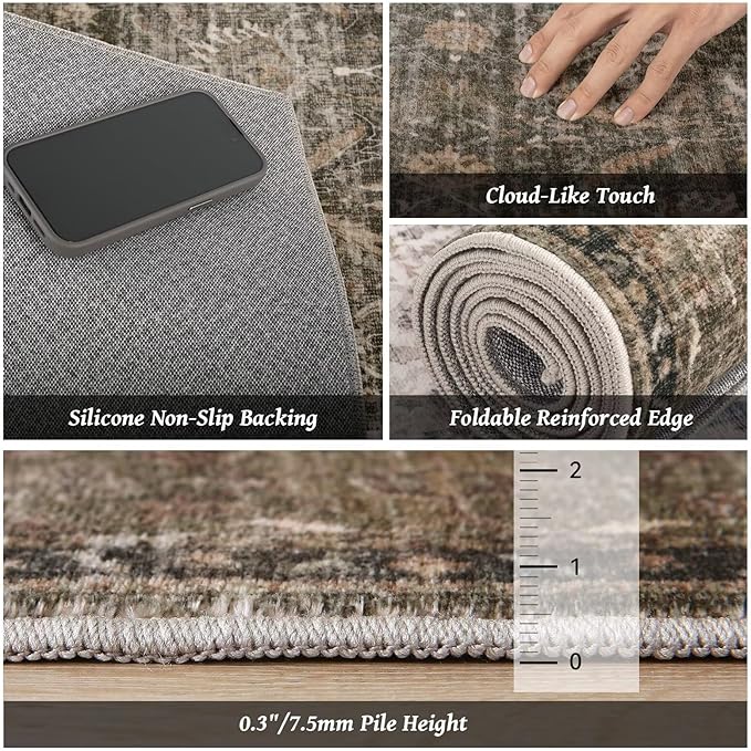 Washable 5x7 Area Rugs for Living Room, Boho Non-Slip Vintage Distress Rugs for Bedroom Dining Room Nursery Office, 0.3" Neutral Oriental Throw Thin Carpet with Cushioning Pad, Rust/Multi