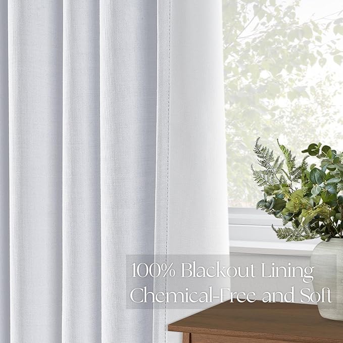 Topfinel White 102 Inches Long Custom Blackout Linen Curtains, Pinch Pleated Noise Cancelling Curtains with Pin Hooks for Traverse Rods, Viral Drapes 2 Panels for Living Room Master Bedroom