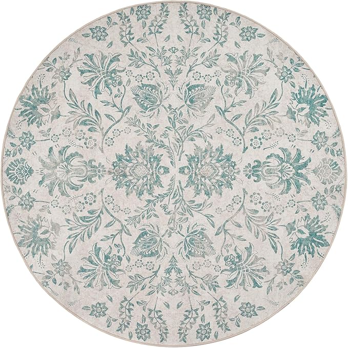 jinchan Torino Classic Floral Round Rug 8ft Vintage-Inspired Design 8’Circle Rug Machine Washable Ultra-Thin Low-Pile Non-Slip Indoor Carpet for Bedroom Dining Room Living Room