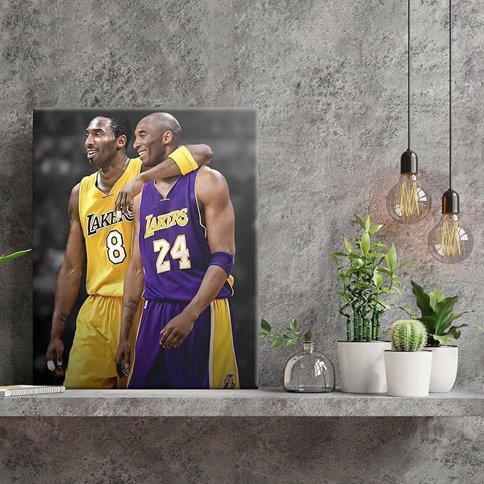 Kobe Bryant Canvas Wall Art Print Poster, Iconic Basketball Player Dual-Era Tribute Artwork, No. 8 and No. 24 Jersey Mamba Mentality Wall Decor for Home Gym Dorm Office Living Room, Framed 16x20inch