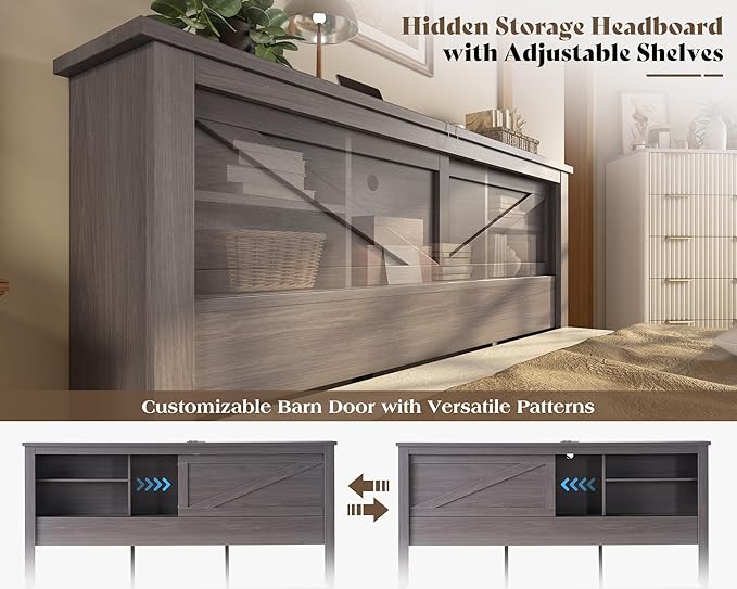 AMERLIFE 47.2" H King Bed Frame with Hidden Space Bookcase Headboard and Charging Station, Beds with 2 Storage Drawers and Wood Slats, No Box Spring Needed, Grey