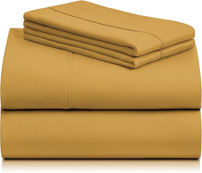 LuxClub 4 PC Queen Sheet Set, Deep Pockets Wrinkle Free Cooling Bed Sheets Hotel Bedding for Women, Men, Includes 1 Fitted Sheet, 1 Flat Sheet and 2 Pillowcases-Silky Soft Medallion Gold