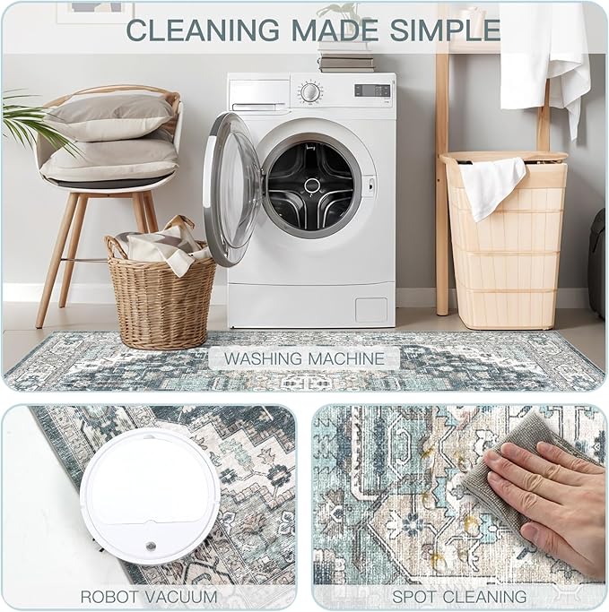 3x5 Vintage Washable Area Rug for Living Room,Low Pile Non Slip Carpet Non-Shedding Small Area Rug Soft Indoor Stain Resistant Rug Boho Print Mat for Bedroom Dining Room Blue Beige Multi