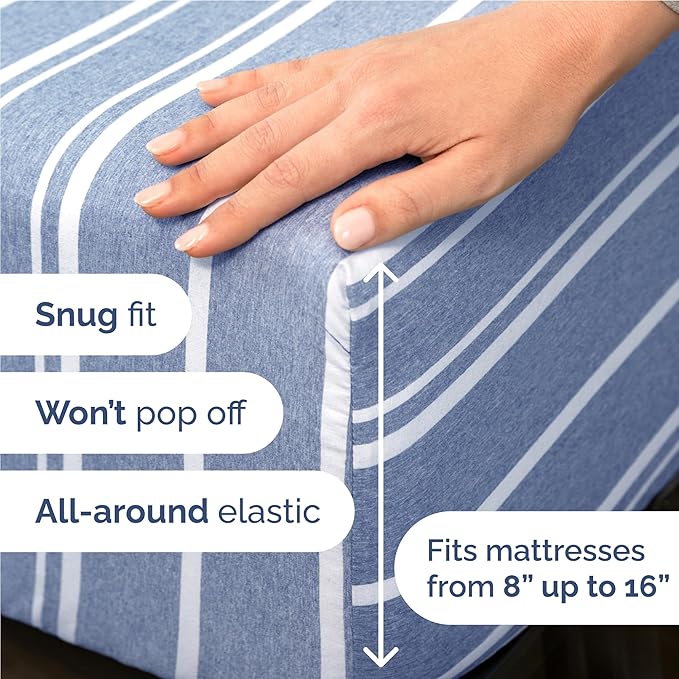 Twin XL 4 Piece Sheet Set - Cooling, Comfy & Breathable - Hotel Luxury Bedding Includes Fitted Sheet for Women, Men, Kids & Teens - 1 Flat, 1 Fitted Sheet, 2 Pillowcases w/Deep Pockets - Blue Stripes