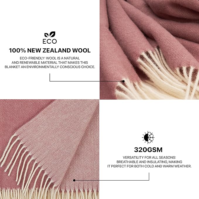 | Wool Blanket/Throw | 100% New Zealand Wool | Perfect for Home and Outdoors | Virgin Wool Throw with Fringes 67"x79" (170 x 200 cm)