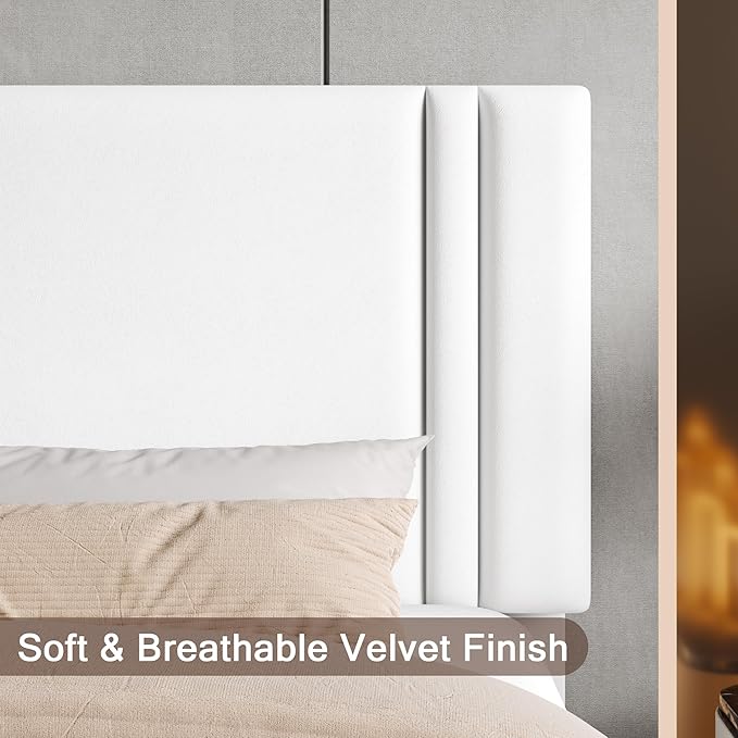 Upholstered Full Size Bed Frame with Velvet Fabric Headboard, Strong Wooden Slats Support, Noise Free, No Box Spring Needed, White