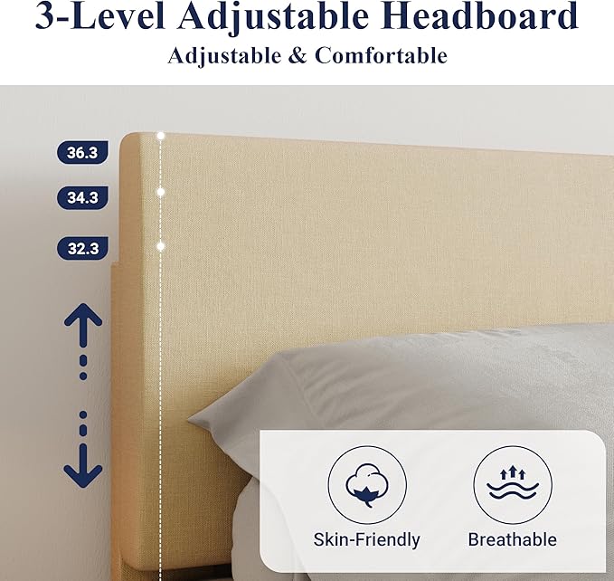 Allewie Queen Size Bed Frame with Adjustable Headboard, Upholstered Platform Bed with Wood Slats, Heavy Duty Mattress Foundation, No Box Spring Needed, Noise-Free, Easy Assembly, Beige