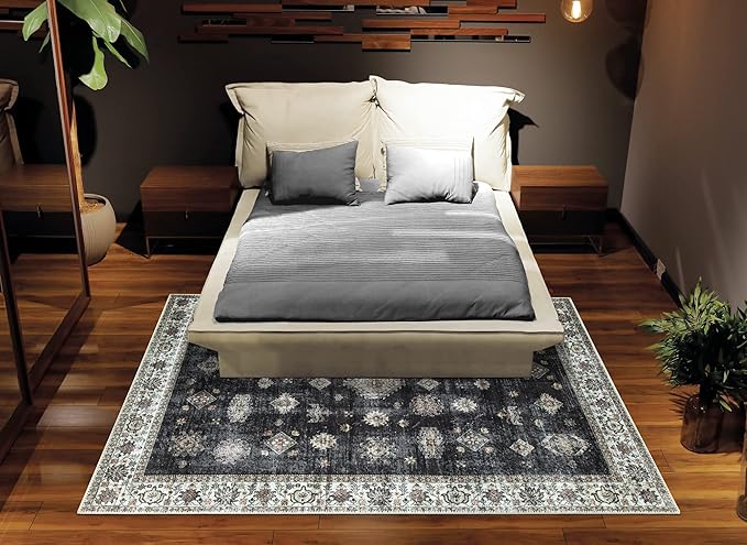 Bloom Rugs Washable Non-Slip 2' x 3' Rug - Black/Ivory Traditional Oriental Area Rug for Living Room, Bedroom, Dining Room, and Kitchen - Exact Size: 2' x 3'