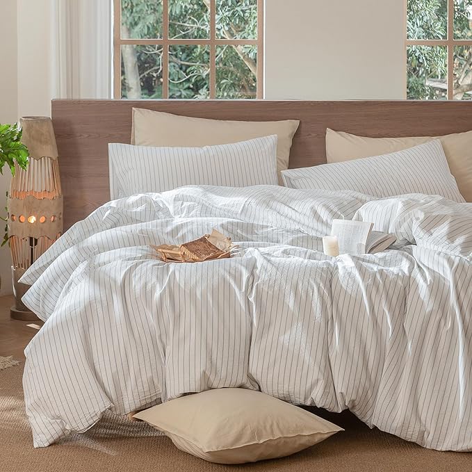 MooMee Striped Duvet Cover Set 100% Washed Cotton Linen Like Textured Breathable Durable Soft Comfy (White Cornflower Blue Wide Stripes, Full 80"x90")