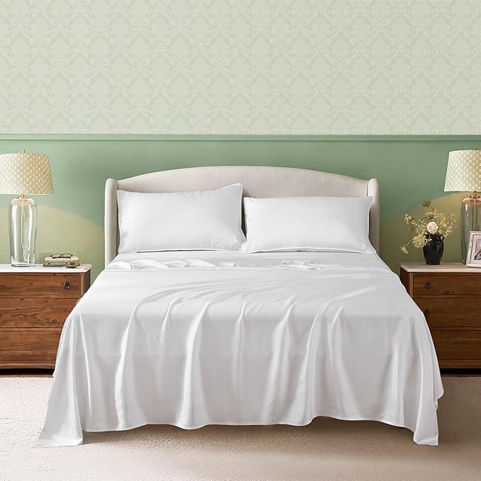 Linen World Cooling Bed Sheets Set Queen Size,100% Organically Grown Viscose Sheets,Deep Pocket Up to 16",4 Pieces Silky Soft,Breathable Bedding Sheets & Pillowcases(White,Queen)