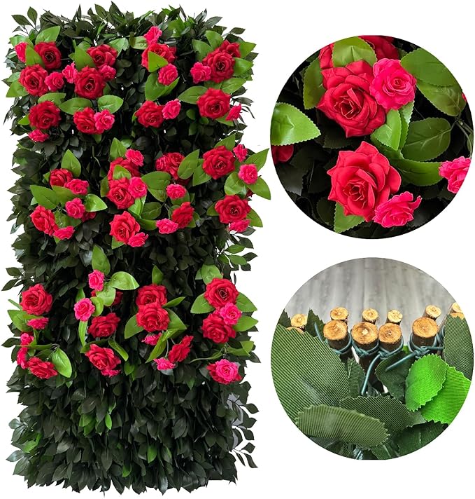 Sumery Expandable Fence Privacy Screen for Balcony Patio Outdoor,Decorative Faux Ivy Fencing Panel,Artificial Hedges (Single Sided Leaves) (2, Branches -Red Rose)