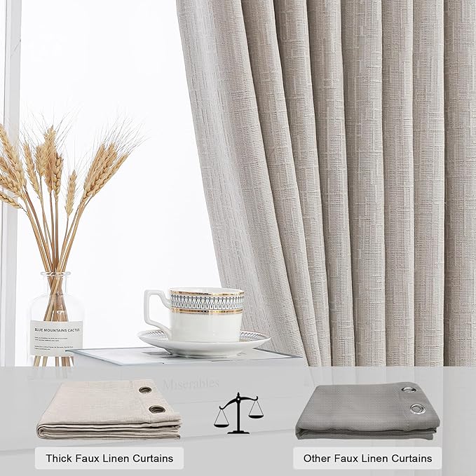 Jacquard Linen Curtains 108 inch Length 2 Panels Thick Faux Linen Blended Window Drapes Burlap Textured Curtains with Grommet for Living Room Bedroom Farmhouse (52x108 Beige) Natural