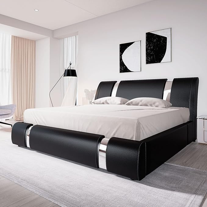 Allewie King Size Bed Frame with Iron Piece Decor, Faux Leather Upholstered Platform Bed with Curved Adjustable Headboard, Wooden Slats Support, No Box Spring Needed, Modern Black