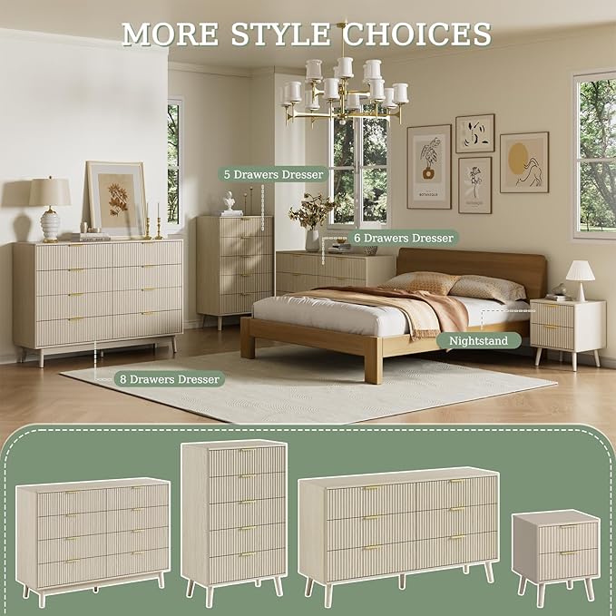 LYNSOM Fluted Dresser and Nightstand Sets 3 Piece, 9-Drawers Dresser and 1-Drawer Nightstands Set of 2, Wood Bedroom Furniture Set for Home, Bedroom, Hallway, Beige