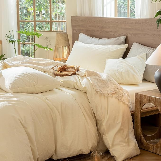 MooMee Wavy Striped Duvet Cover Set 100% Washed Cotton Linen Like Textured Breathable Durable Soft Comfy (Cream White, Queen 90"x90")