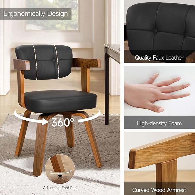 Art Leon Mid Century Dining Chairs - Set of 2 Faux Leather Upholstered Dining Chairs, Modern Swivel Dining Room Chairs Comfy Desk Chair No Wheels Accent Arm Chair for Kitchen Living Room Study, Black