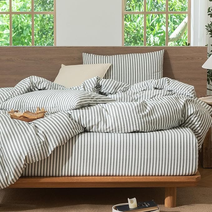 MooMee Striped Duvet Cover Set 100% Washed Cotton Linen Like Textured Breathable Durable Soft Comfy (Heathered Green Classic Stripes, Super Queen 90"x98")