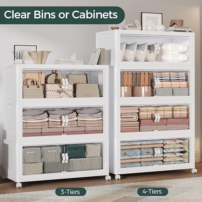 720QT Extra Large Stackable Storage Bins with Lid, 180Gal Collapsible Storage Box with Wheels and Doors, Plastic Closet Organizers and Storage Cabinet for Home Kitchen Office Dorm, 4Pack White
