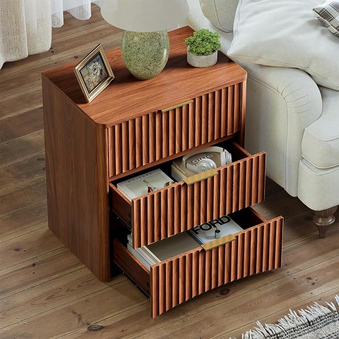 Evermagin Fluted Nightstand, Walnut Bedside Table with 3 Drawers, Wood End Table with Storage Mid Century Modern, Large Night Stand for Bedroom