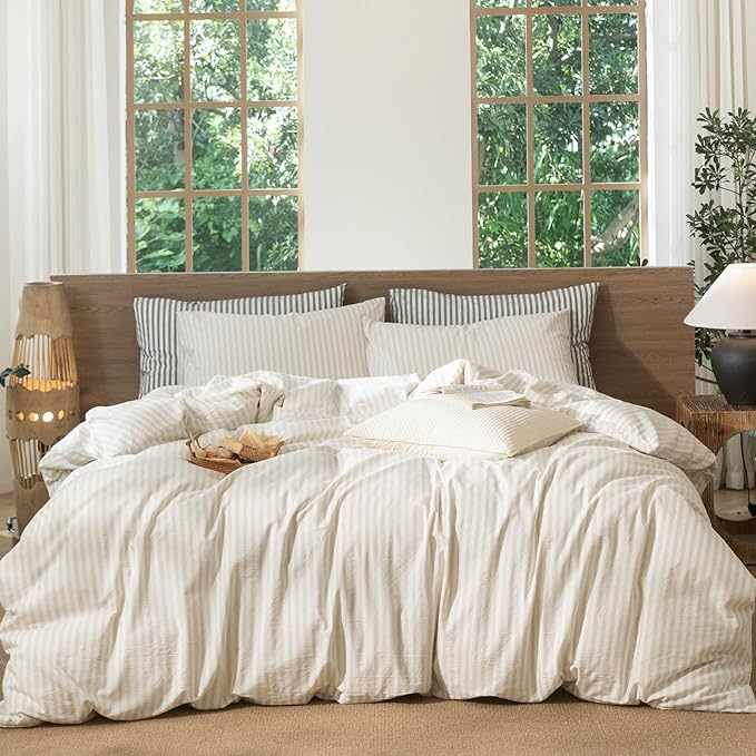 MooMee Striped Duvet Cover Set 100% Washed Cotton Linen Like Textured Breathable Durable Soft Comfy (Almond Milk Grey Classic Stripes, Super King Plus 120"x120")