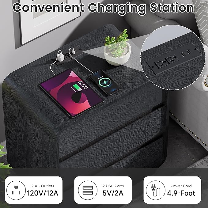 Modern Black Nightstand with Charging Station, 25" Tall Wood Bedside Table, End Table with 3 Storage Drawers, Curved Profile Night Stand for Bedroom, Dorm, Sofa, Office