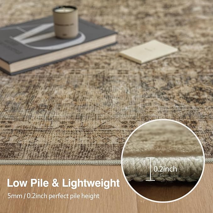 Fmfunctex 2x6 Runner Rug Brown Vintage Neutral Washable Distressed Non Slip Low Pile Indoor Carpet Soft Retro Floral Hallway Entryway Rug for Kitchen Living Room Bedroom Bathroom Laundry Entry Bedside