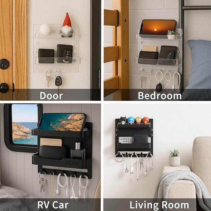 Wall Mount Bedside Shelf with Hooks, Adhesive Bedroom Organizer Storage for Phone, Remote, Kindle, Earphone, Dorm Room, RV, Office – Plastic Storage Rack (White)
