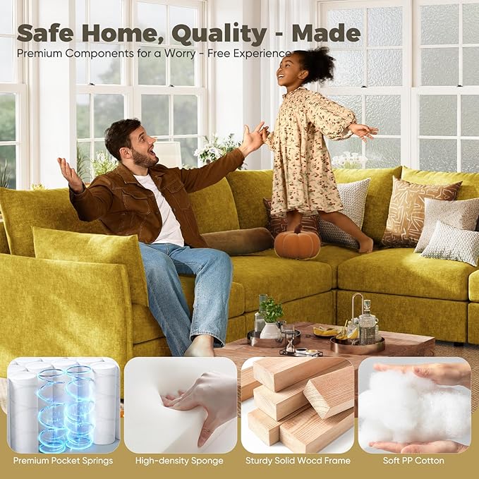 ABCASA 134.6" Luxury Modular Sectional Convertible Sofa with Storage Ottoman, L-Shape 5-Seat Oversized Comfy Couch Deep Seat with Reversible Chaise - Chenille Yellow