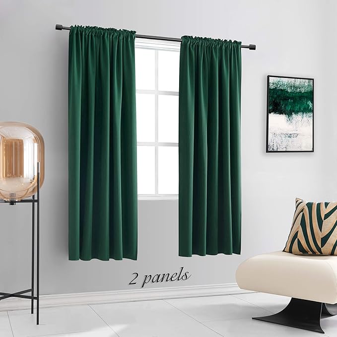 DONREN 63 Inch Length Dark Emerald Green Blackout Window Curtains for Bedroom - Hunter Green Room Darkening Thermal Insulating Curtain Panels for Living Room with Rod Pocket,2 Panels