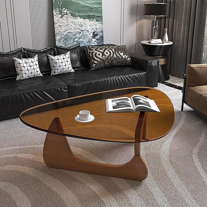 Glass Coffee Table, Mid Century Modern Coffee Table, Coffee Table for Living Room Center Table Suitable for Bedroom Living Room Reception Office Tables (Walnut/Brown, Large)