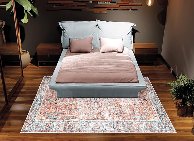 Bloom Rugs Washable Non-Slip 5' x 7' Rug - Orange/Blue Traditional Area Rug for Living Room, Bedroom, Dining Room, and Kitchen - Exact Size: 5' x 7'