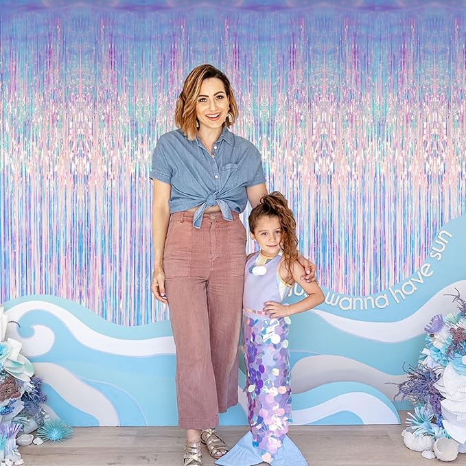 GOER 3.2 ft x 6.5 ft Metallic Tinsel Foil Fringe Curtains Party Photo Backdrop Party Streamers for Mermaid Birthday Party Decorations(3 Packs,Iridescent)