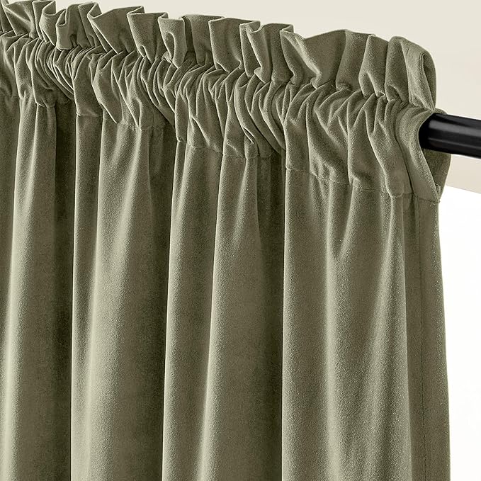Lazzzy Velvet Blackout Curtains Thermal Insulated Room Window Drapes Super Soft Luxury Curtains for Living Room Bedroom Rod Pocket 2 Panels, Olive Sage, 42" W x 96" L